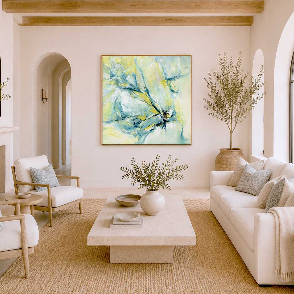 ‘Whispers of Midwinter’ – abstract winter artwork canvas print of snowy landscape impression in soft colours of blue and yellow