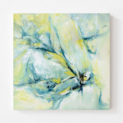 ‘Whispers of Midwinter’ – abstract winter canvas in soft blues and warm yellow tones.