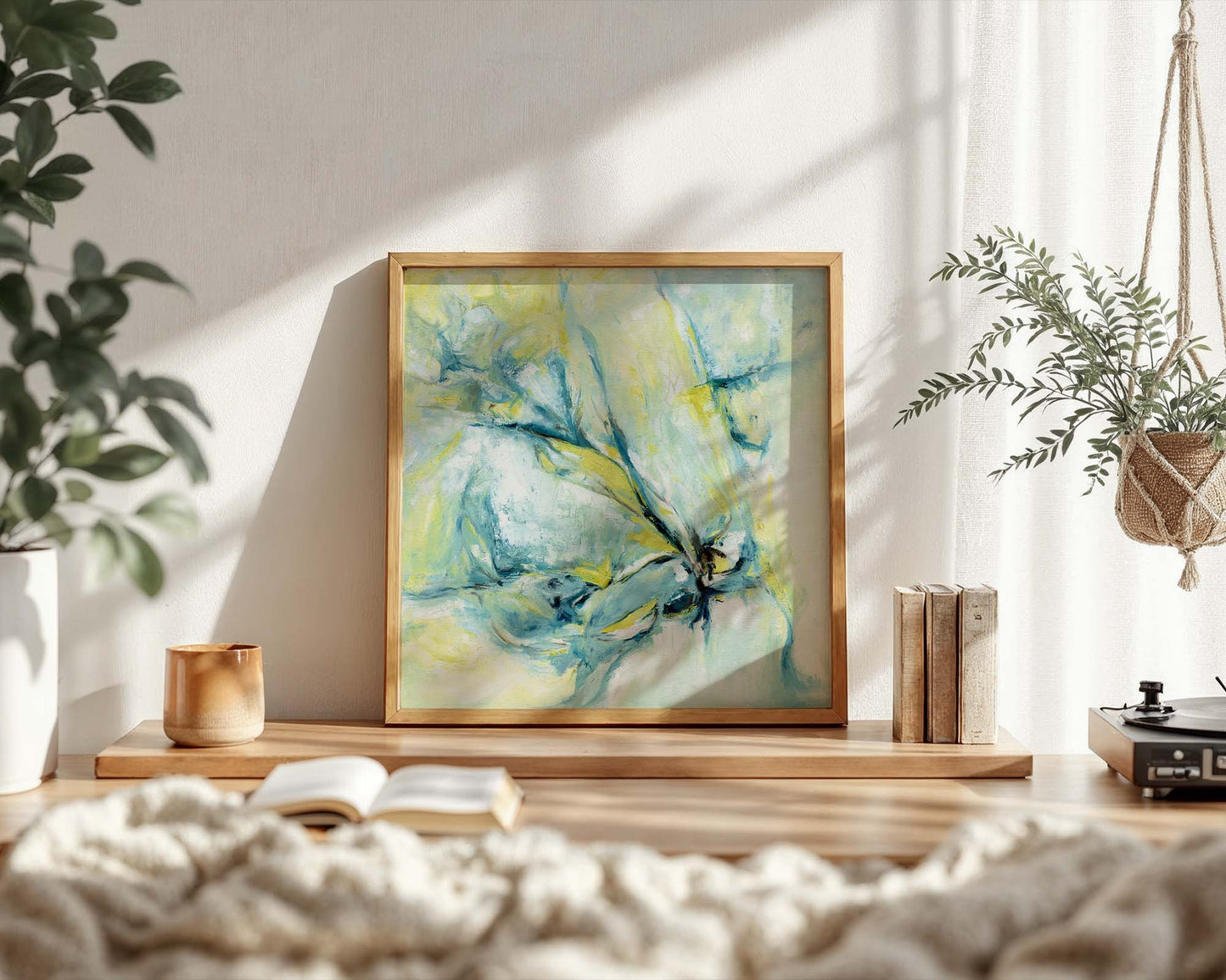 ‘Whispers of Midwinter’ – blue and yellow winter abstract art print with calm soft tones.