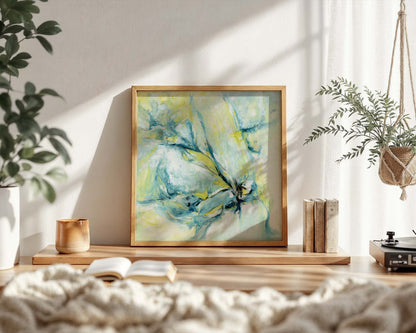 ‘Whispers of Midwinter’ – blue and yellow winter abstract art print with calm soft tones.