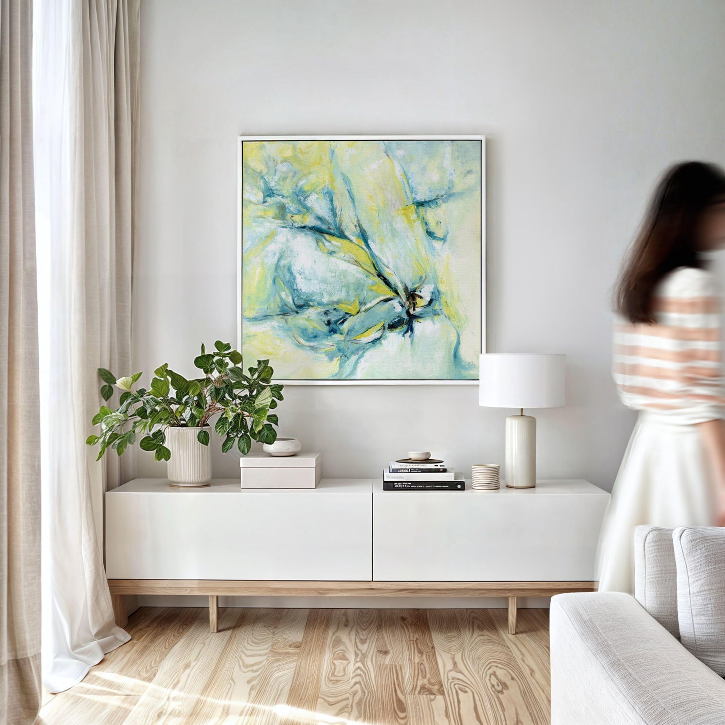 ‘Whispers of Midwinter’ – winter abstract canvas with soft blended blues and light.