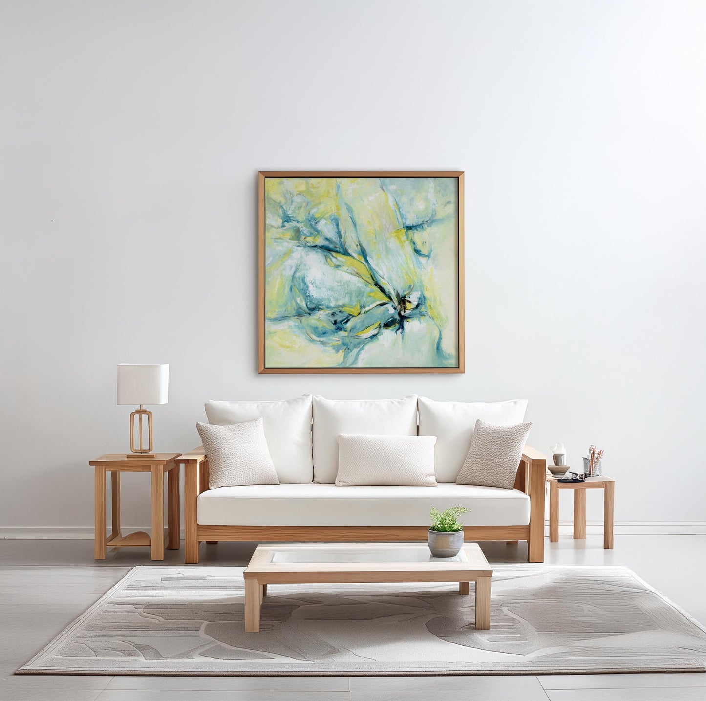 ‘Whispers of Midwinter’ – peaceful winter art print with blue, green and yellow tones.