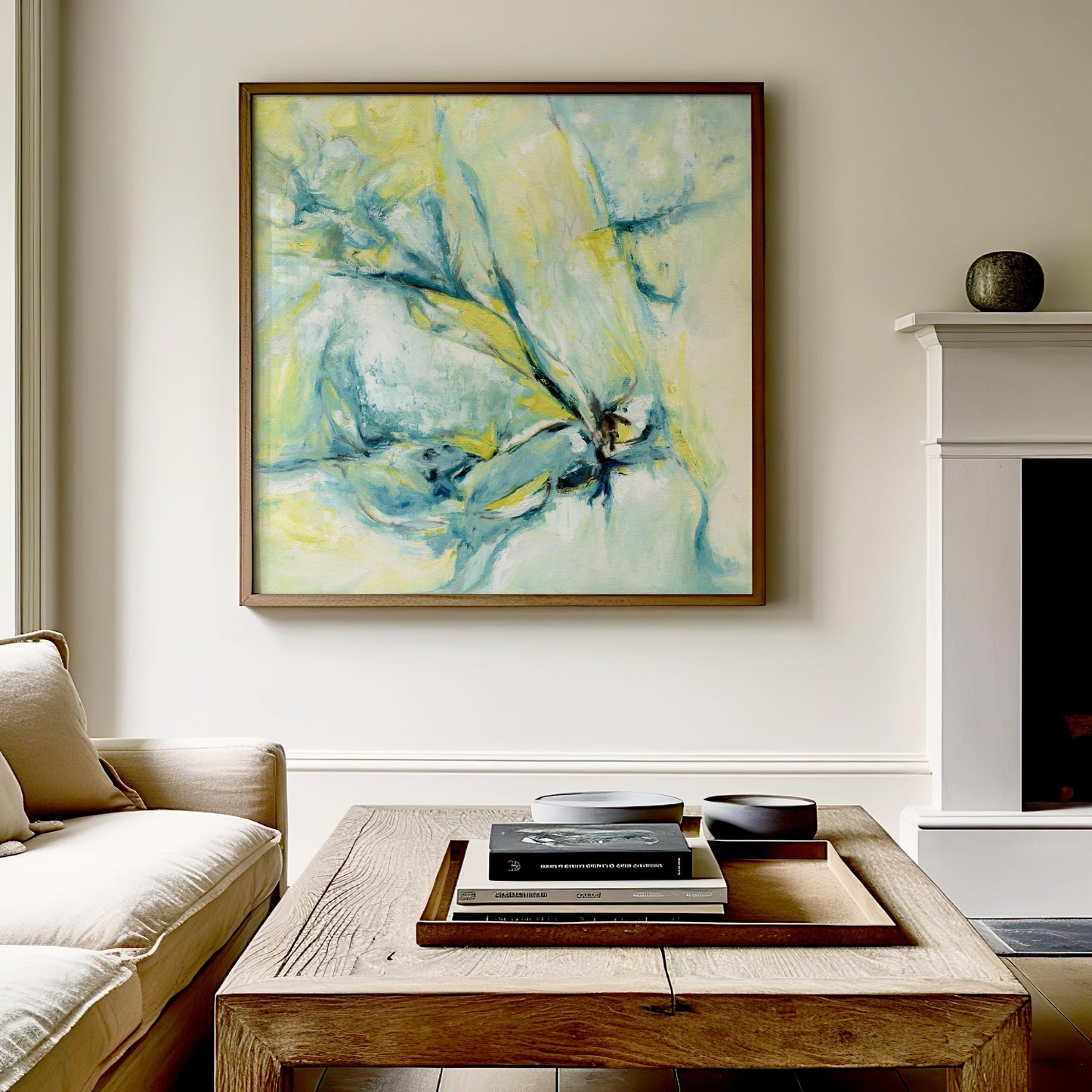 ‘Whispers of Midwinter’ – abstract winter print with soft icy tones and gentle yellow light.