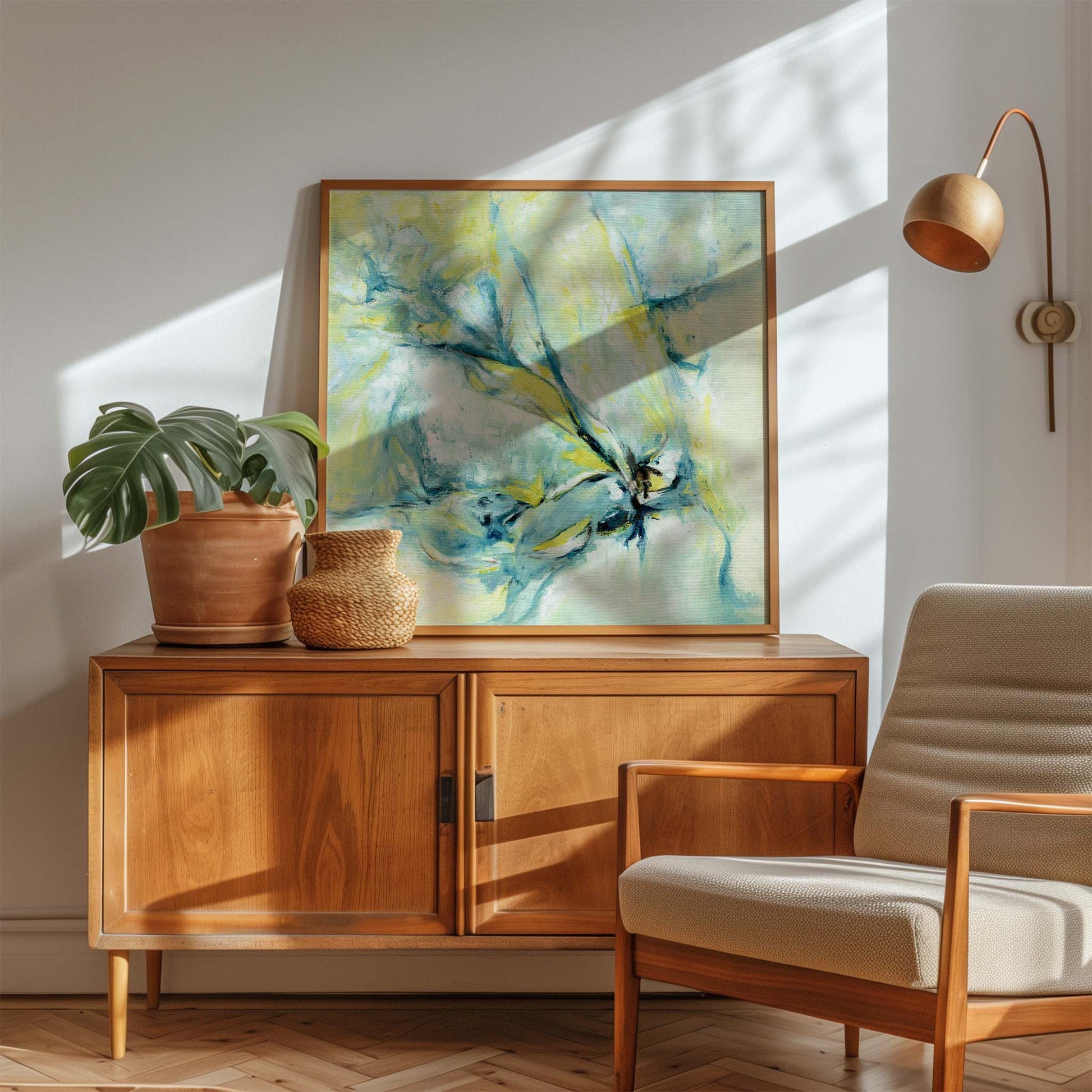 ‘Whispers of Midwinter’ – soft blue and yellow artwork with a wintery glow.