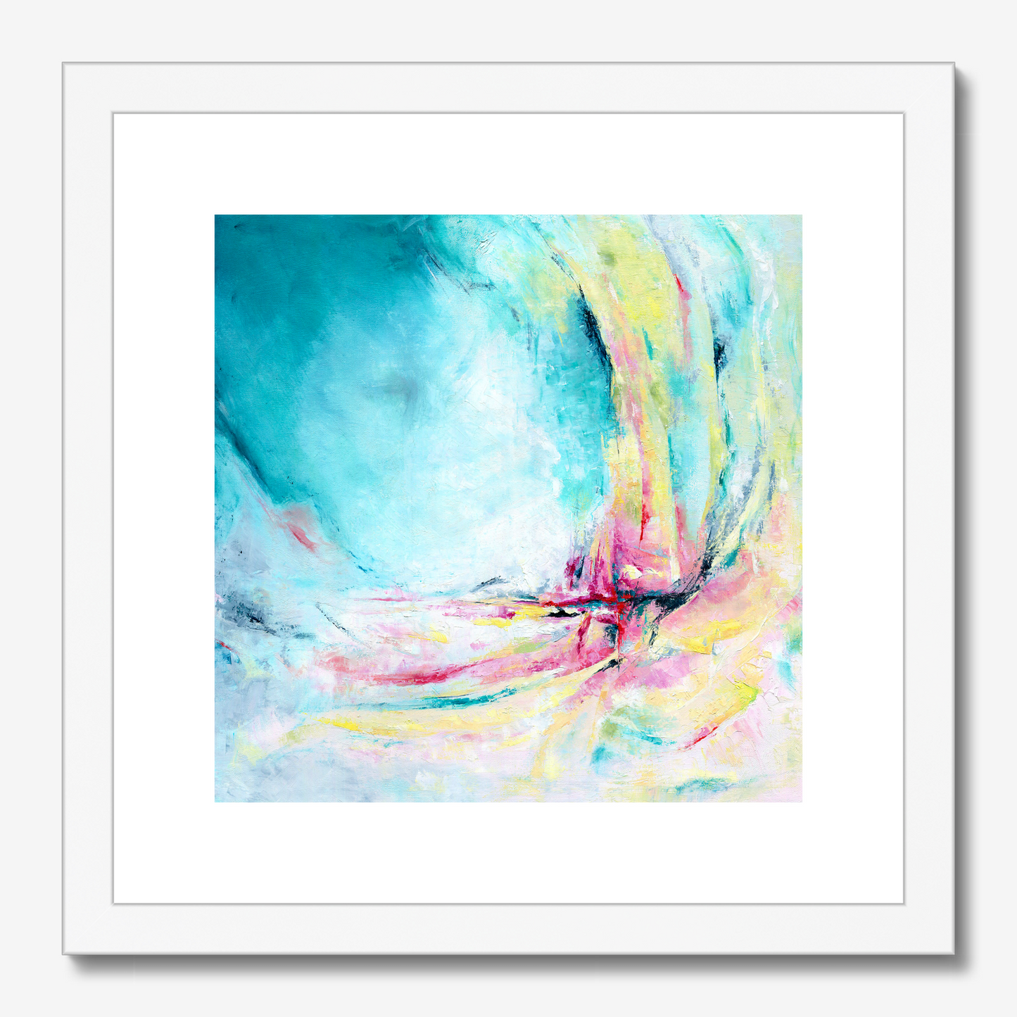 'Caribbean Blue' - Colourful abstract art fine art paper print in vibrant turquoise, hot pink and warm yellow, blue wall art for living room or bedroom.