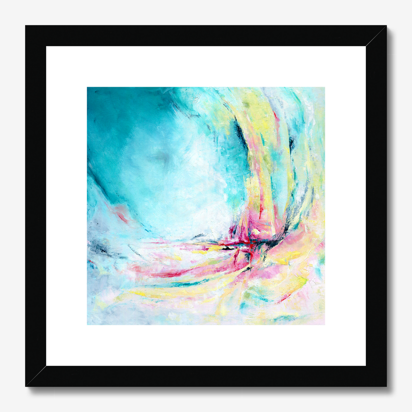 'Caribbean Blue' - Colourful abstract art fine art paper print in vibrant turquoise, hot pink and warm yellow, blue wall art for living room or bedroom.