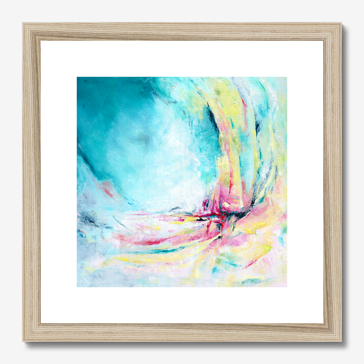 'Caribbean Blue' - Blue wall art paper print in bright teal, yellow and pink tones, joyful colourful abstract art for living room.