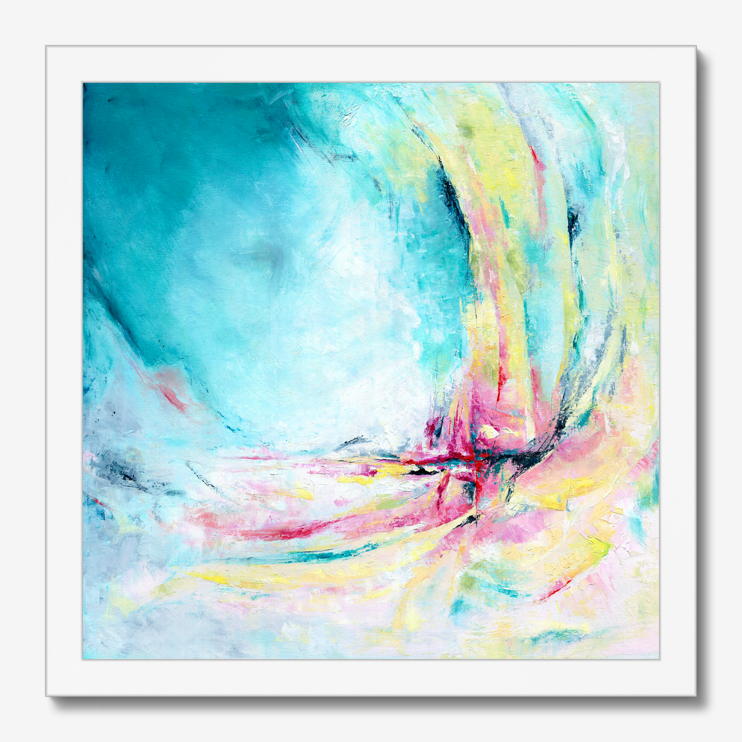 'Caribbean Blue' - Blue wall art paper print with expressive streaks of pink, yellow and lime on luminous teal background.