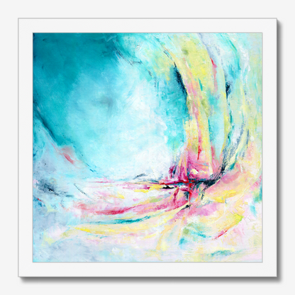 'Caribbean Blue' - Blue wall art paper print with expressive streaks of pink, yellow and lime on luminous teal background.