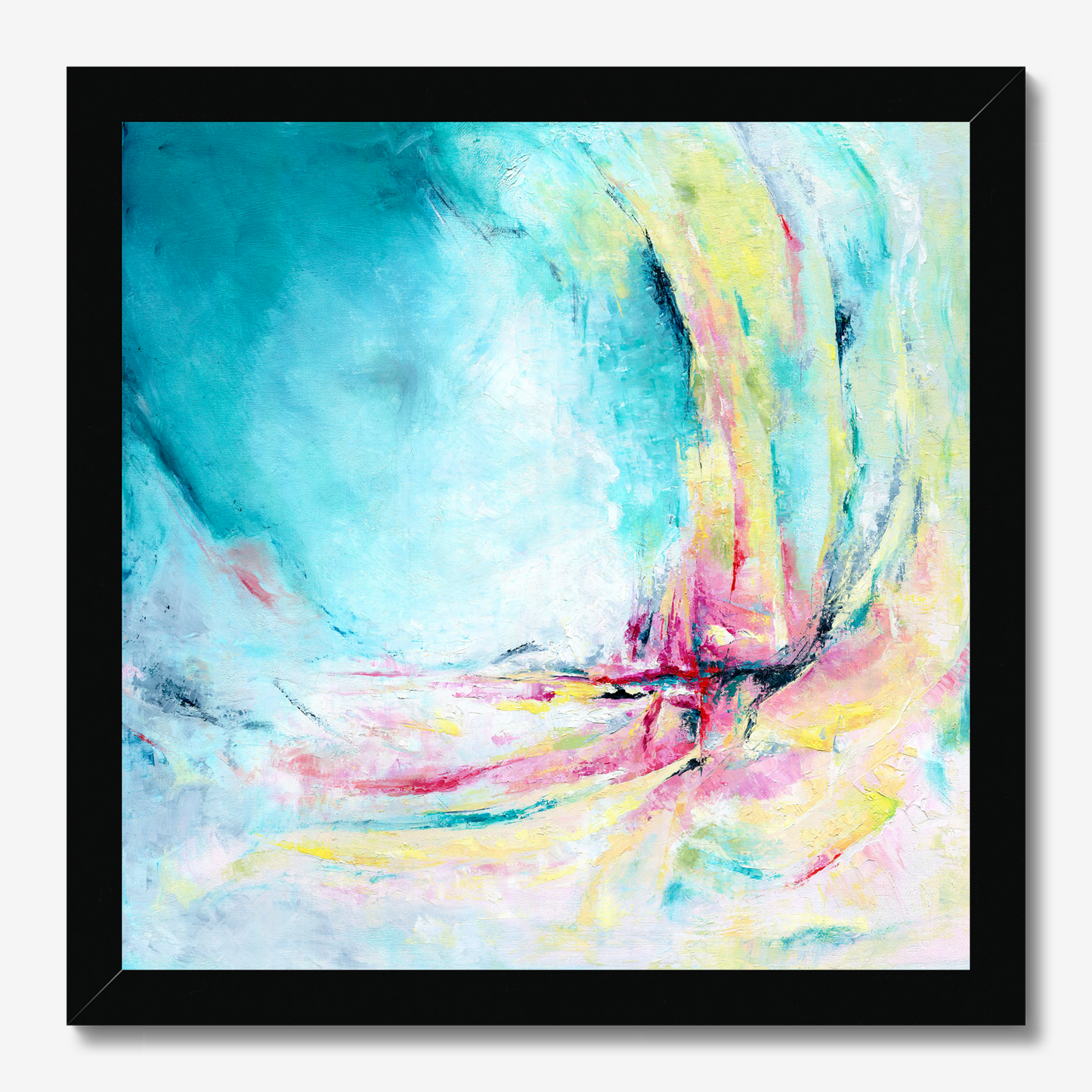 'Caribbean Blue' - Square colourful abstract art paper print in vibrant Caribbean turquoise and hot pink, bold blue wall art.