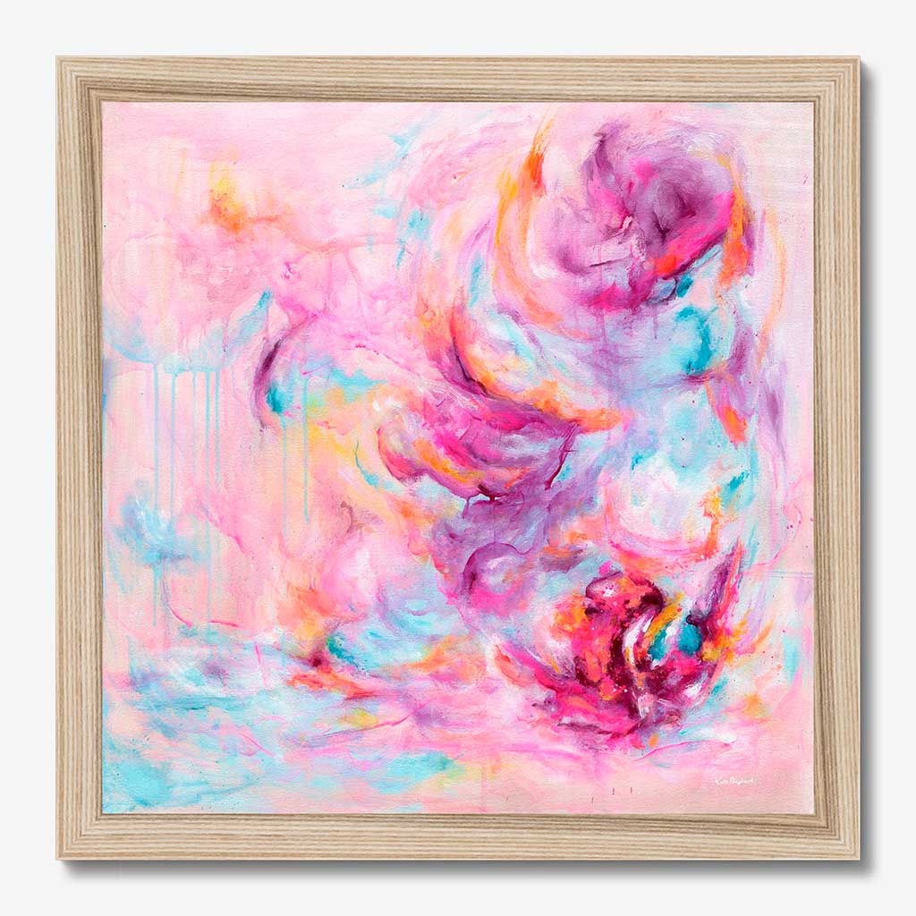 'Choose Joy' - A colourful art print in bright vivid pink and soft blue — uplifting artwork about feeling joy with real energy and movement, by Kate Shephard Art.