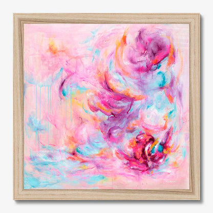 'Choose Joy' - A colourful art print in bright vivid pink and soft blue — uplifting artwork about feeling joy with real energy and movement, by Kate Shephard Art.