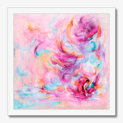 'Choose Joy' - Uplifting artwork about feeling joy colourful art print in vivid pink and luminous white — pink abstract fine art print on luxurious archival paper, by Kate Shephard Art.