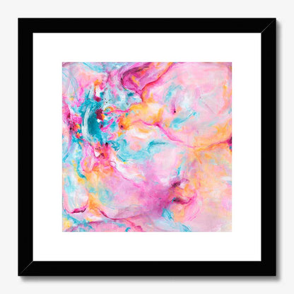 'Joy In The Little Things' - A joyful expressive art print styled in a light neutral interior — colourful artwork in vivid pink, soft blue and warm peach, by Kate Shephard Art.