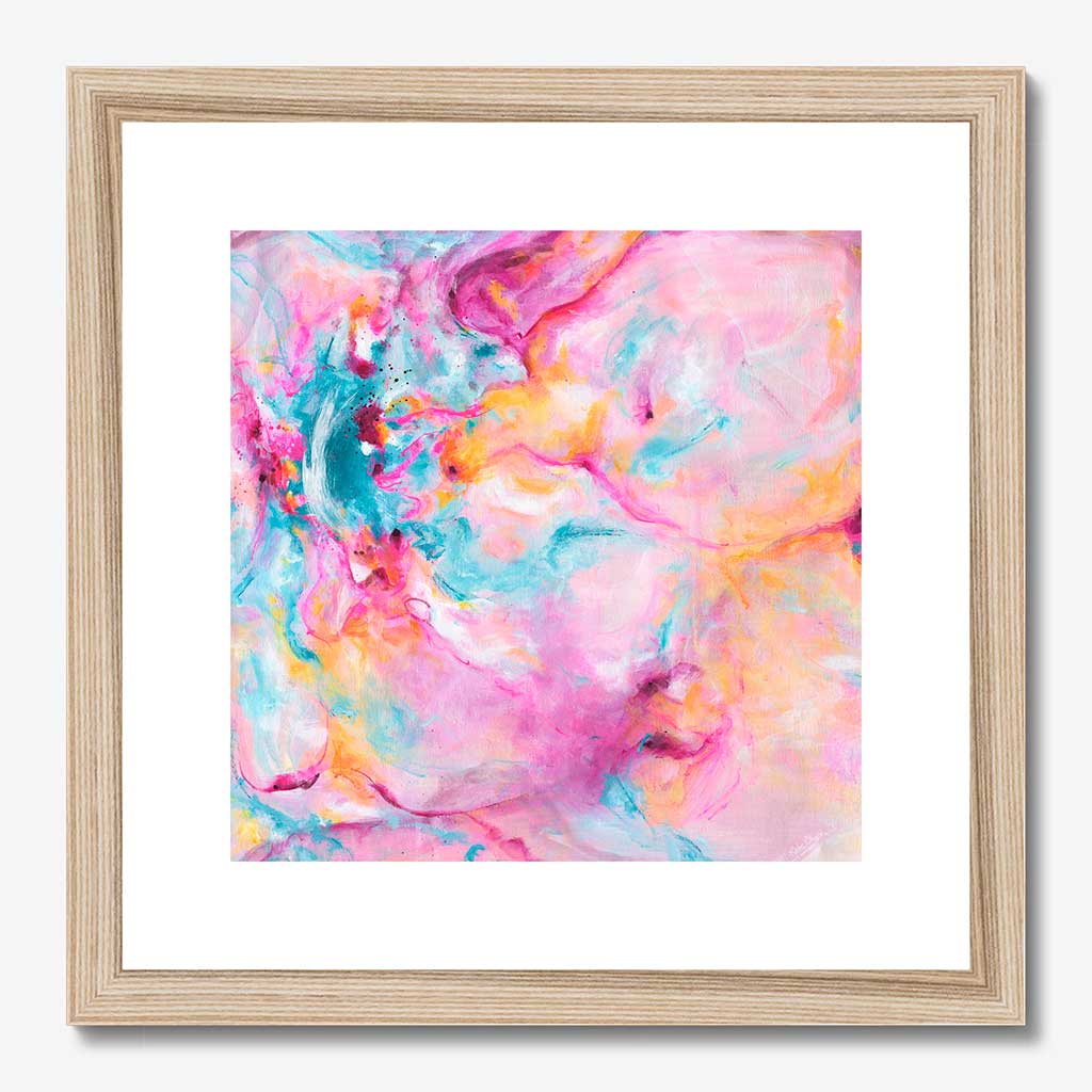 'Joy In The Little Things' - Colourful artwork in bright vivid pink, soft blue and warm peach — joyful expressive art print with real energy and movement, by Kate Shephard Art.
