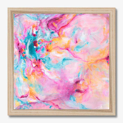 'Joy In The Little Things' - Colourful artwork in bright vivid pink, soft blue and warm peach — joyful expressive art print with real energy and movement, by Kate Shephard Art.