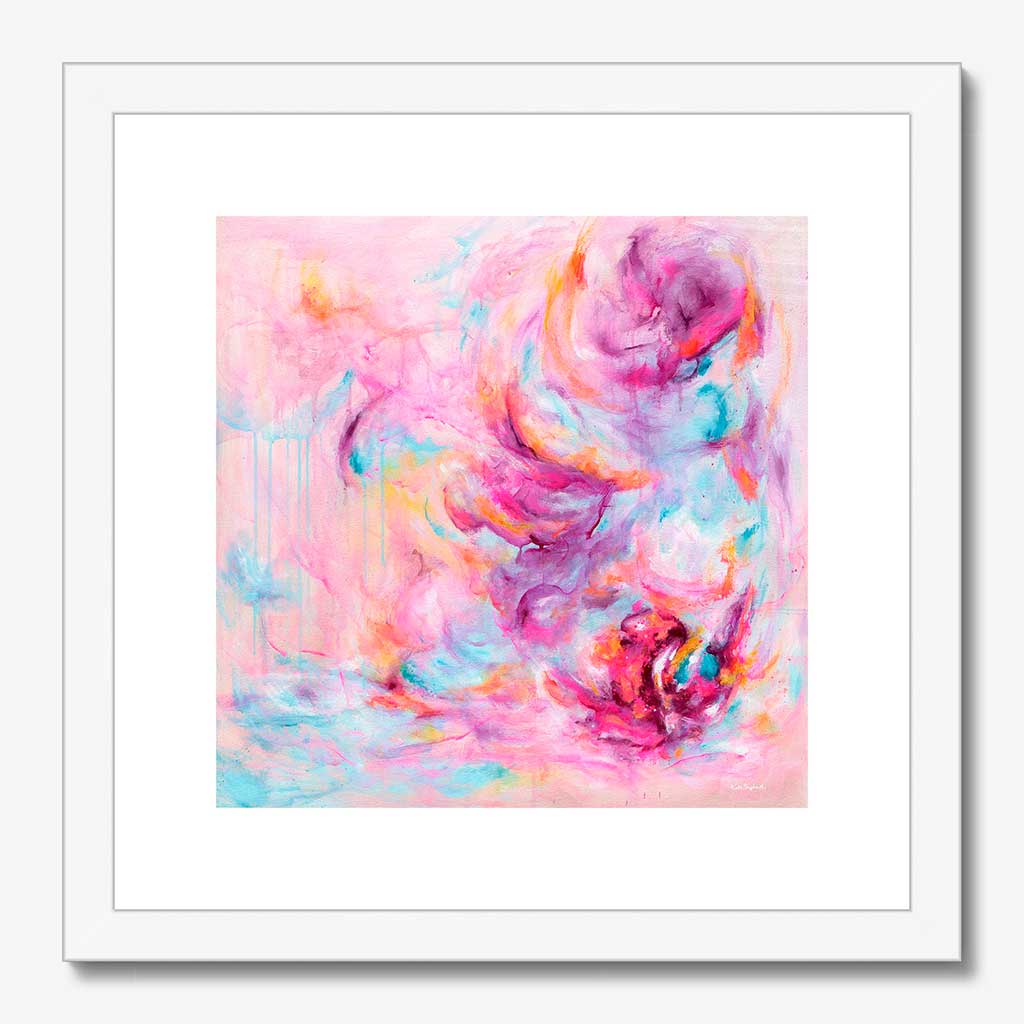'Choose Joy' - Colourful art print in vivid pink, soft blue and luminous white with free expressive brushwork — uplifting artwork about feeling joy for soulful joyful interiors, by Kate Shephard Art.