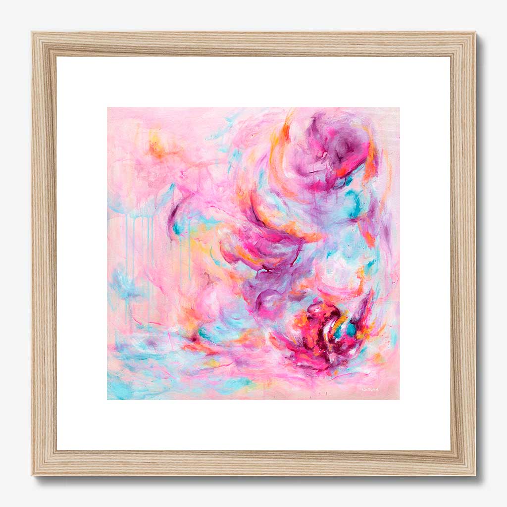 'Choose Joy' - Uplifting artwork about feeling joy colourful art print in vivid pink and luminous white — pink abstract fine art print on luxurious archival paper, by Kate Shephard Art.