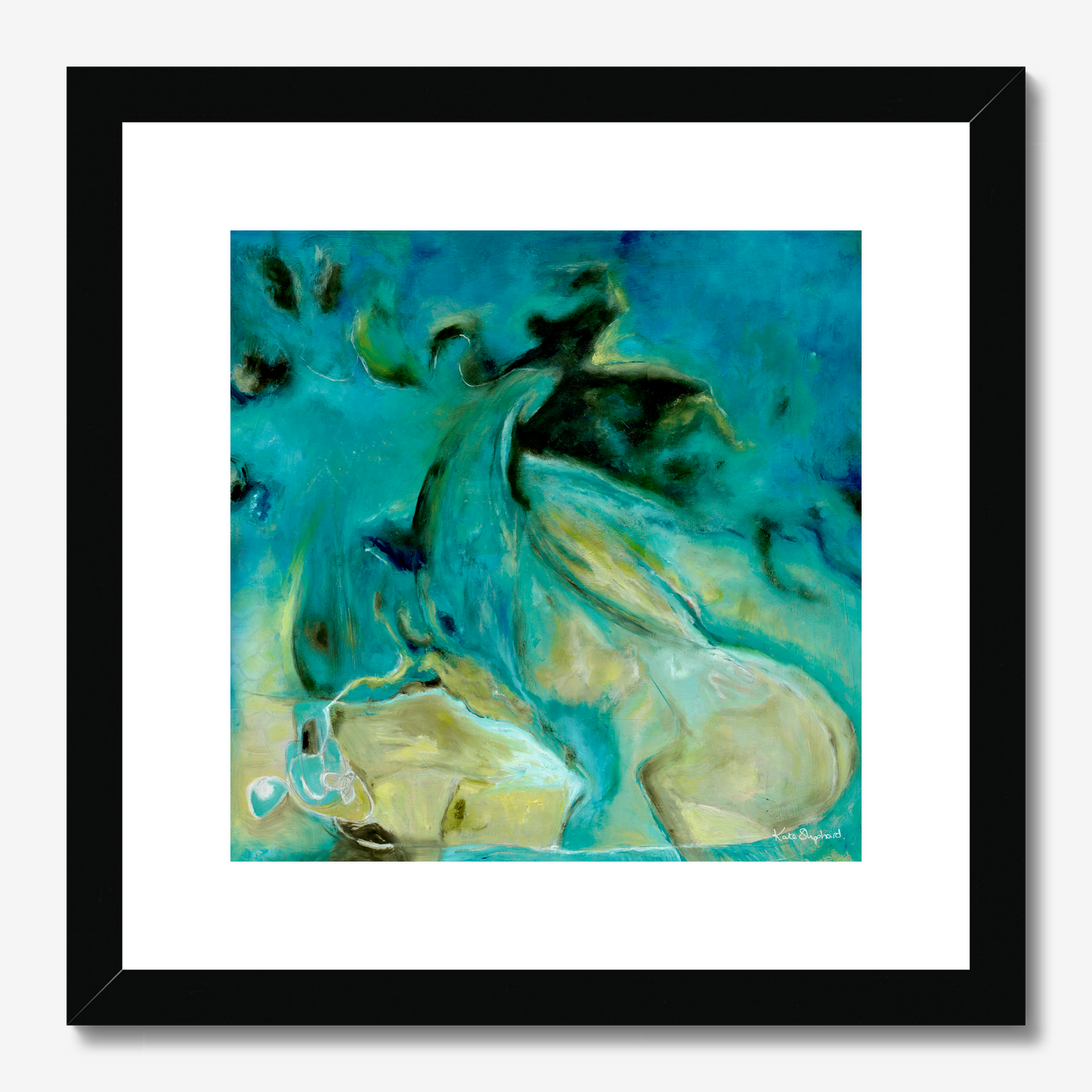 'Courage to Grow' - Modern abstract wall art fine art print hung on a white wall, rich teal turquoise and sandy cream abstract art blue.