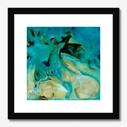 'Courage to Grow' - Modern abstract wall art fine art print hung on a white wall, rich teal turquoise and sandy cream abstract art blue.