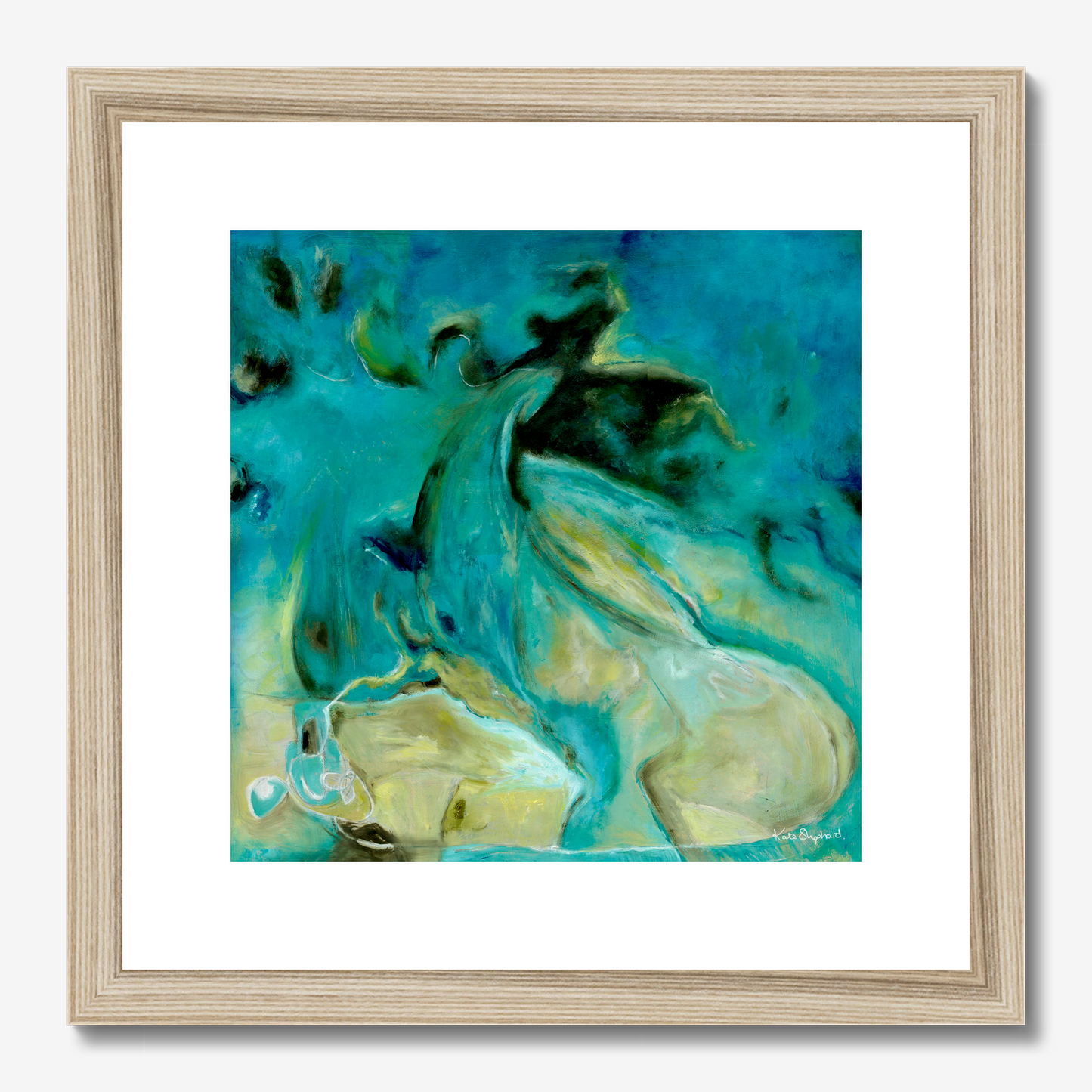 Courage to Grow' - Modern abstract wall art fine art print hung on a white wall, rich teal turquoise and sandy cream abstract art blue.