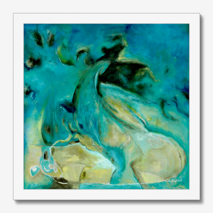 'Courage to Grow' - Framed modern abstract wall art fine art print in white wood frame, rich teal and turquoise tones, abstract art blue blue art print.