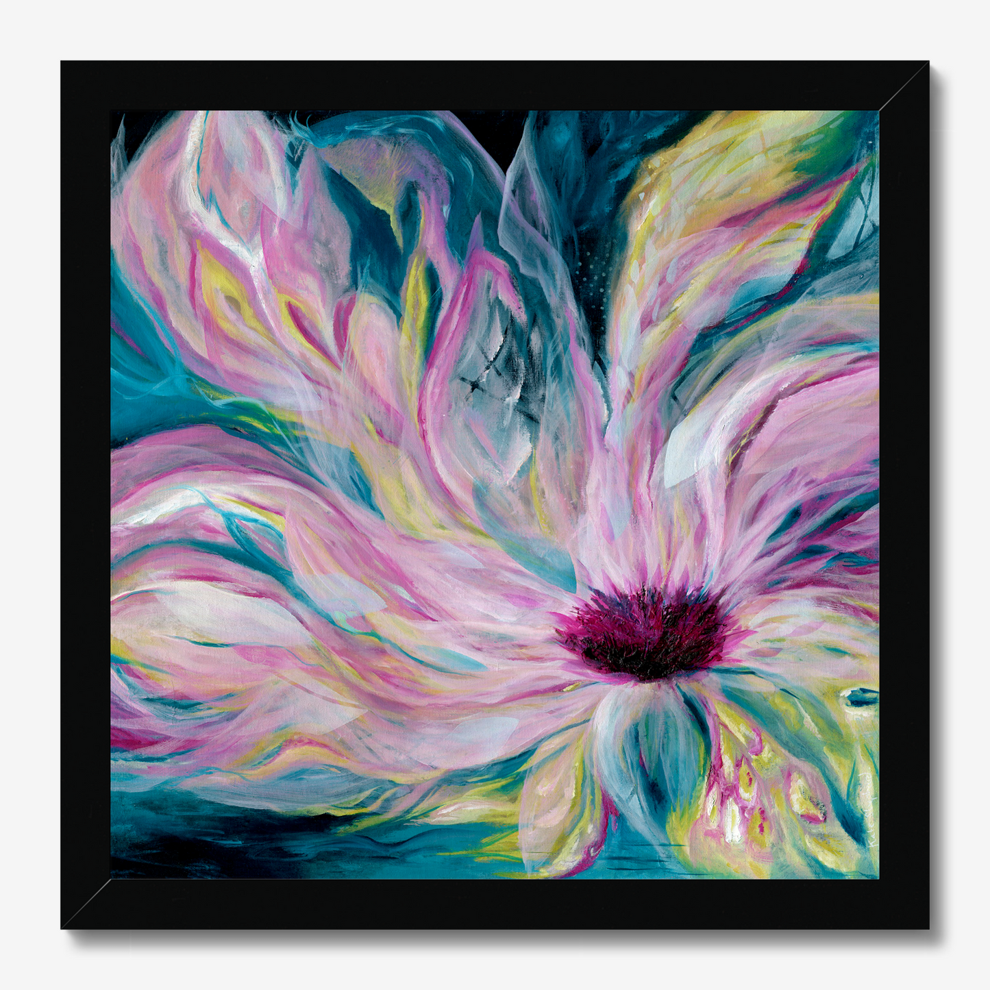 'Untamed' Abstract Art Print On Paper - Dark Teal Pink Floral Wall Art, Light Bursting Through Darkness By Kate Shephard