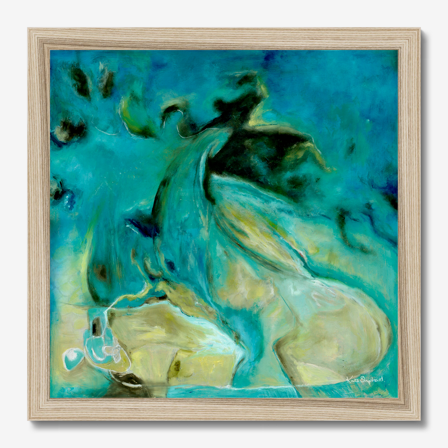 'Courage to Grow' - Framed modern abstract wall art fine art print in natural wood frame, rich teal and turquoise tones, abstract art blue blue art print.