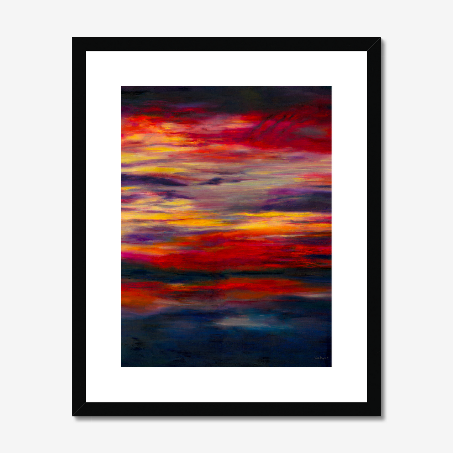 'Midnight Embers' - A dark abstract wall art fine art print in horizontal bands of burning red, orange and vivid yellow — dramatic sunset artwork for bold soulful contemporary homes, by Kate Shephard Art.