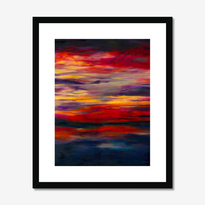 'Midnight Embers' - A dark abstract wall art fine art print in horizontal bands of burning red, orange and vivid yellow — dramatic sunset artwork for bold soulful contemporary homes, by Kate Shephard Art.