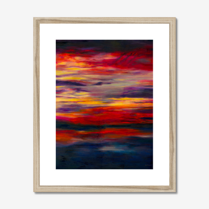 'Midnight Embers' - Dramatic sunset artwork in burning crimson and vivid yellow against deep navy — dark abstract wall art fine art print with real emotional power and presence, by Kate Shephard Art.