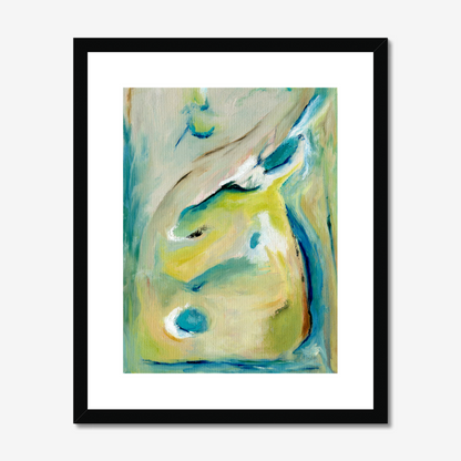 True Colours abstract art print inspired by peacocks by Kate Shephard Art in a black frame