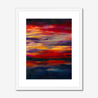 'Midnight Embers' - Dark abstract wall art fine art print in fiery reds and vivid yellow against deep navy charcoal — dramatic sunset artwork for living rooms and bedrooms, by Kate Shephard Art.