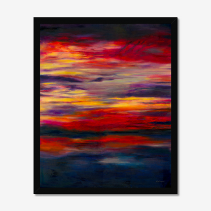 'Midnight Embers' - A dark abstract wall art fine art print in horizontal bands of burning red, orange and vivid yellow — dramatic sunset artwork for bold soulful contemporary homes, by Kate Shephard Art.