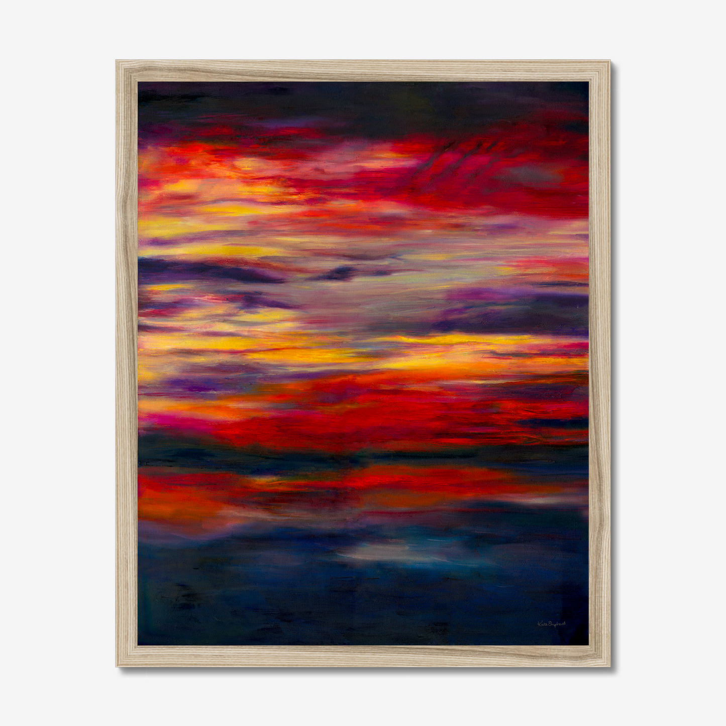 'Midnight Embers' - Dramatic sunset artwork in burning crimson and vivid yellow against deep navy — dark abstract wall art fine art print with real emotional power and presence, by Kate Shephard Art.