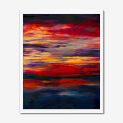 'Midnight Embers' - Dark abstract wall art fine art print in fiery reds and vivid yellow against deep navy charcoal — dramatic sunset artwork for living rooms and bedrooms, by Kate Shephard Art.