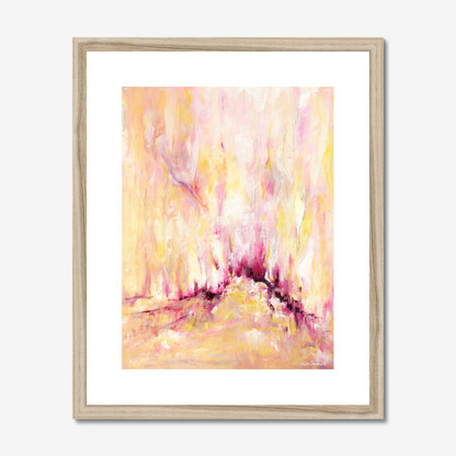 'Rising' - Pink and yellow abstract art print on archival paper, with expressive vertical brushwork in warm golden tones and deep magenta — inspirational wall art with real emotional depth, by Kate Shephard Art.