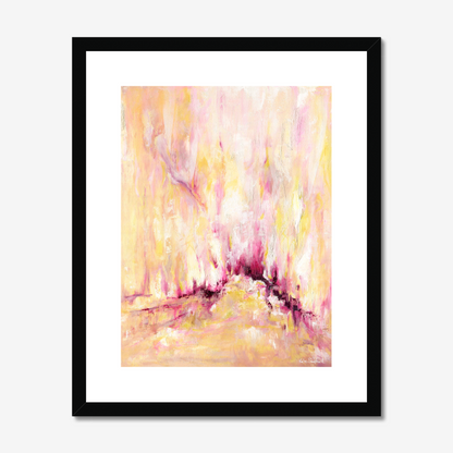 'Rising' - Pink and yellow abstract art print on archival paper, with expressive vertical brushwork in warm golden tones and deep magenta — inspirational wall art with real emotional depth, by Kate Shephard Art.