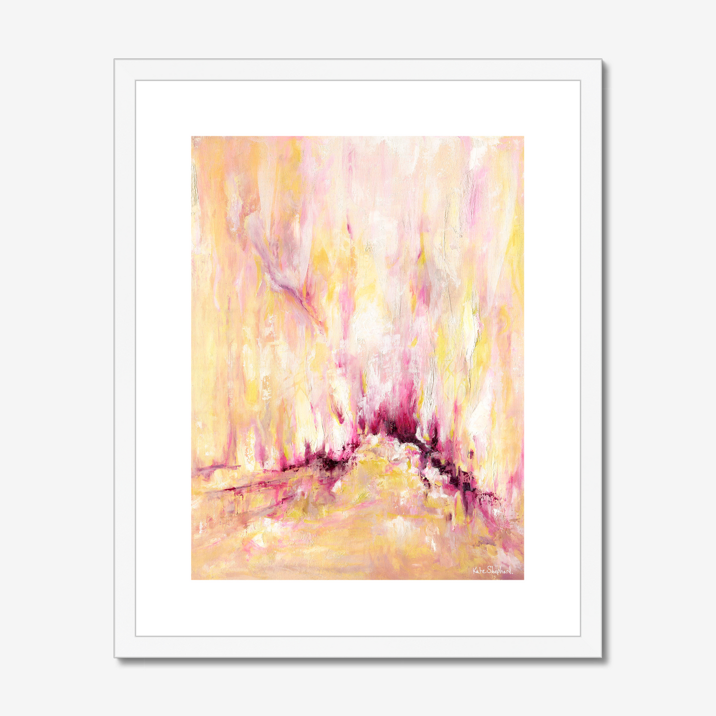'Rising' - Pink and yellow abstract art print on archival paper, with expressive vertical brushwork in warm golden tones and deep magenta — inspirational wall art with real emotional depth, by Kate Shephard Art.