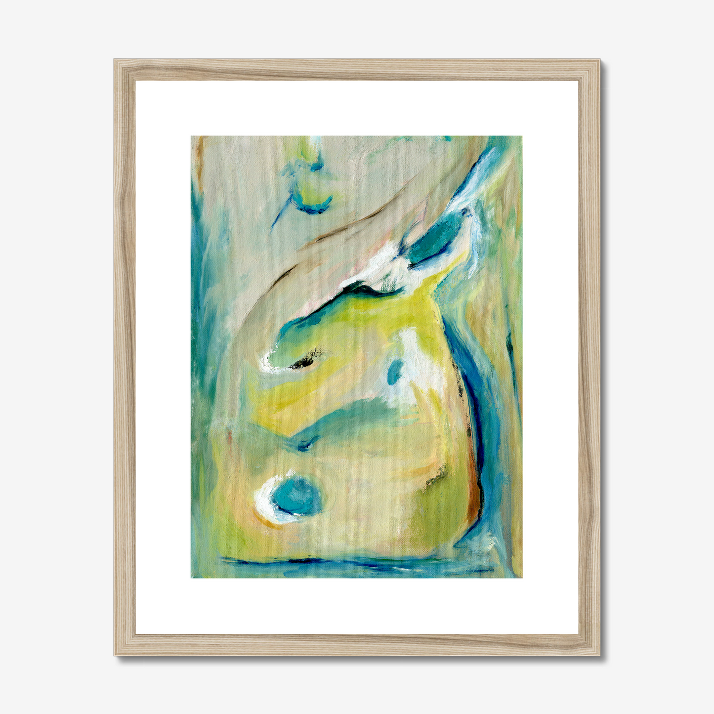 True Colours abstract art print inspired by peacocks by Kate Shephard Art in a natural wood frame