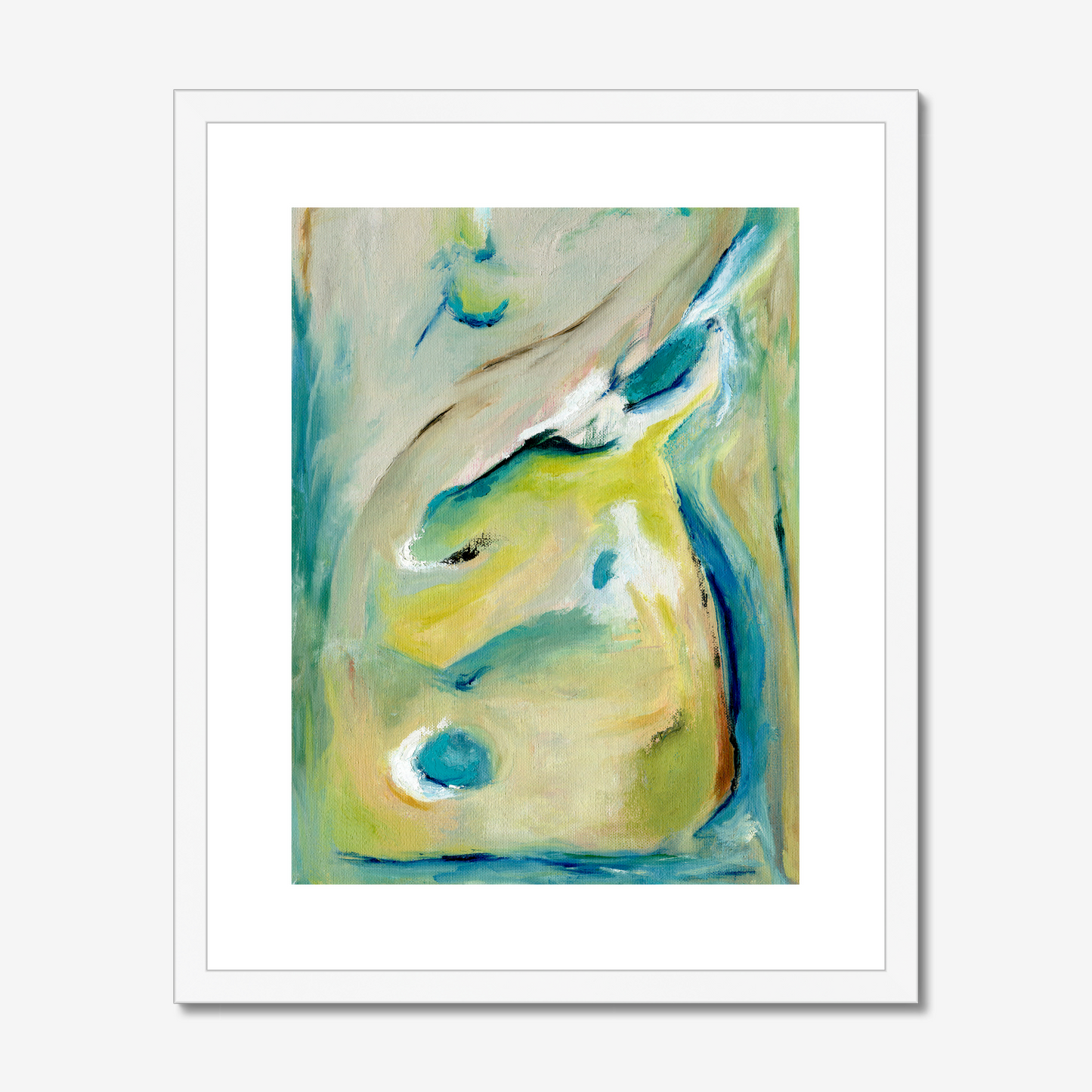 True Colours abstract art print inspired by peacocks by Kate Shephard Art in a white frame