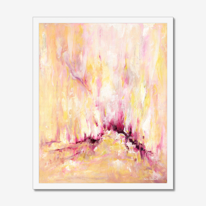 'Rising' - A large inspirational abstract art print on paper in warm golden yellow, soft blush pink and deep burgundy magenta — uplifting pink and yellow wall art for living rooms and bedrooms, by Kate Shephard Art.