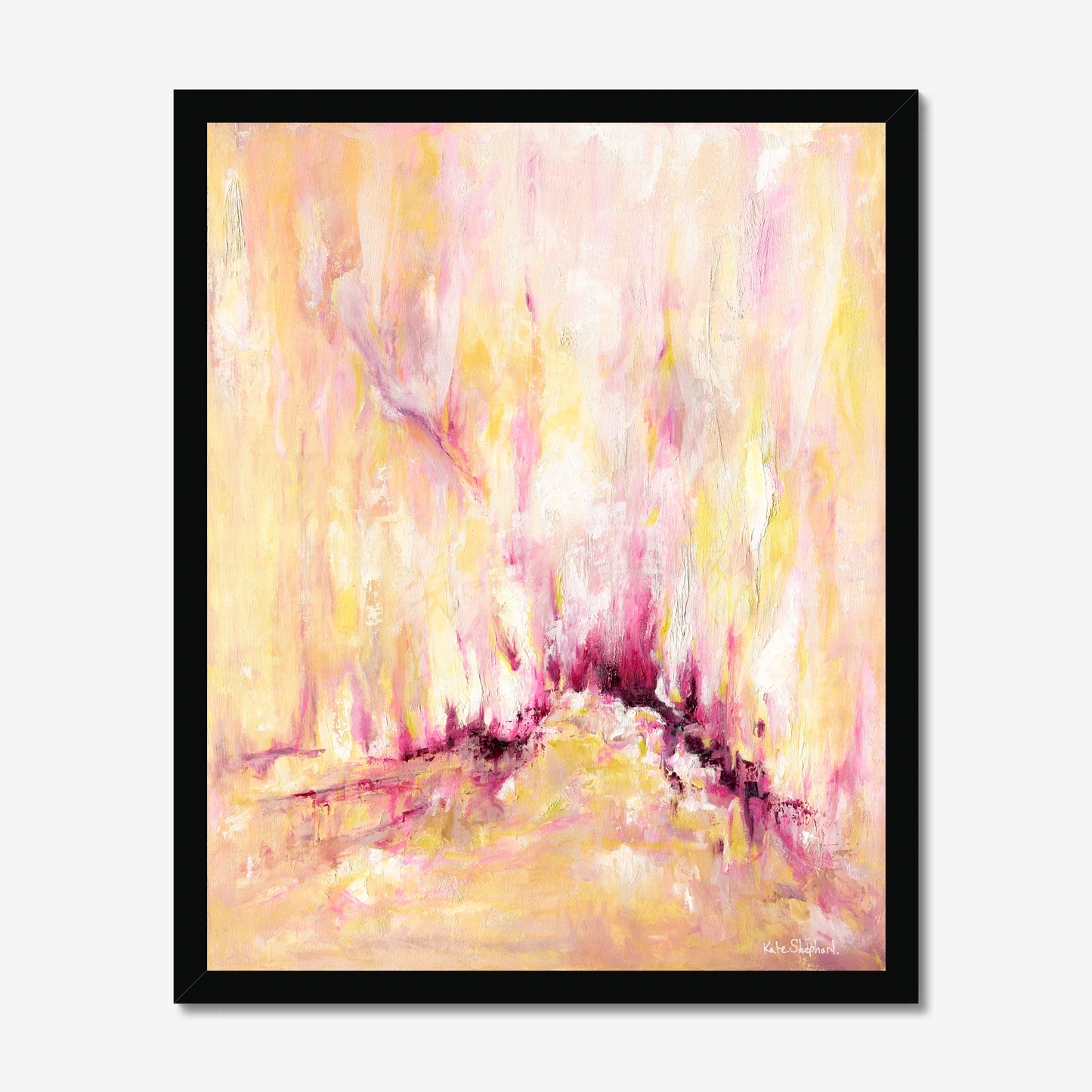 'Rising' - A large inspirational abstract art print on paper in warm golden yellow, soft blush pink and deep burgundy magenta — uplifting pink and yellow wall art for living rooms and bedrooms, by Kate Shephard Art.