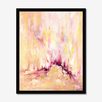 'Rising' - A large inspirational abstract art print on paper in warm golden yellow, soft blush pink and deep burgundy magenta — uplifting pink and yellow wall art for living rooms and bedrooms, by Kate Shephard Art.