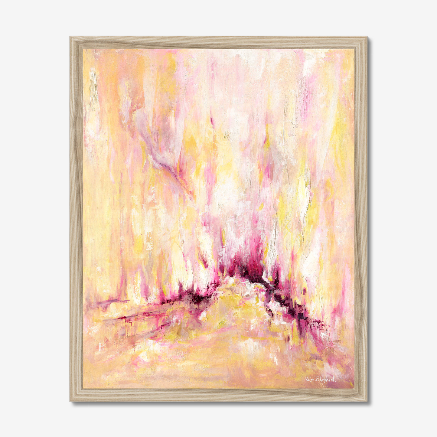 'Rising' - A large inspirational abstract art print on paper in warm golden yellow, soft blush pink and deep burgundy magenta — uplifting pink and yellow wall art for living rooms and bedrooms, by Kate Shephard Art.