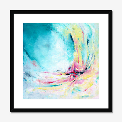 'Caribbean Blue' - Colourful abstract art fine art paper print in vibrant turquoise, hot pink and warm yellow, blue wall art for living room or bedroom.