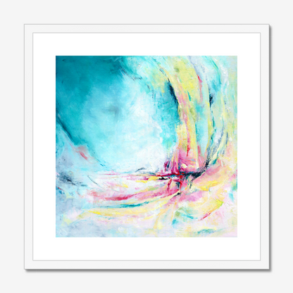 'Caribbean Blue' - Colourful abstract art fine art paper print in vibrant turquoise, hot pink and warm yellow, blue wall art for living room or bedroom.