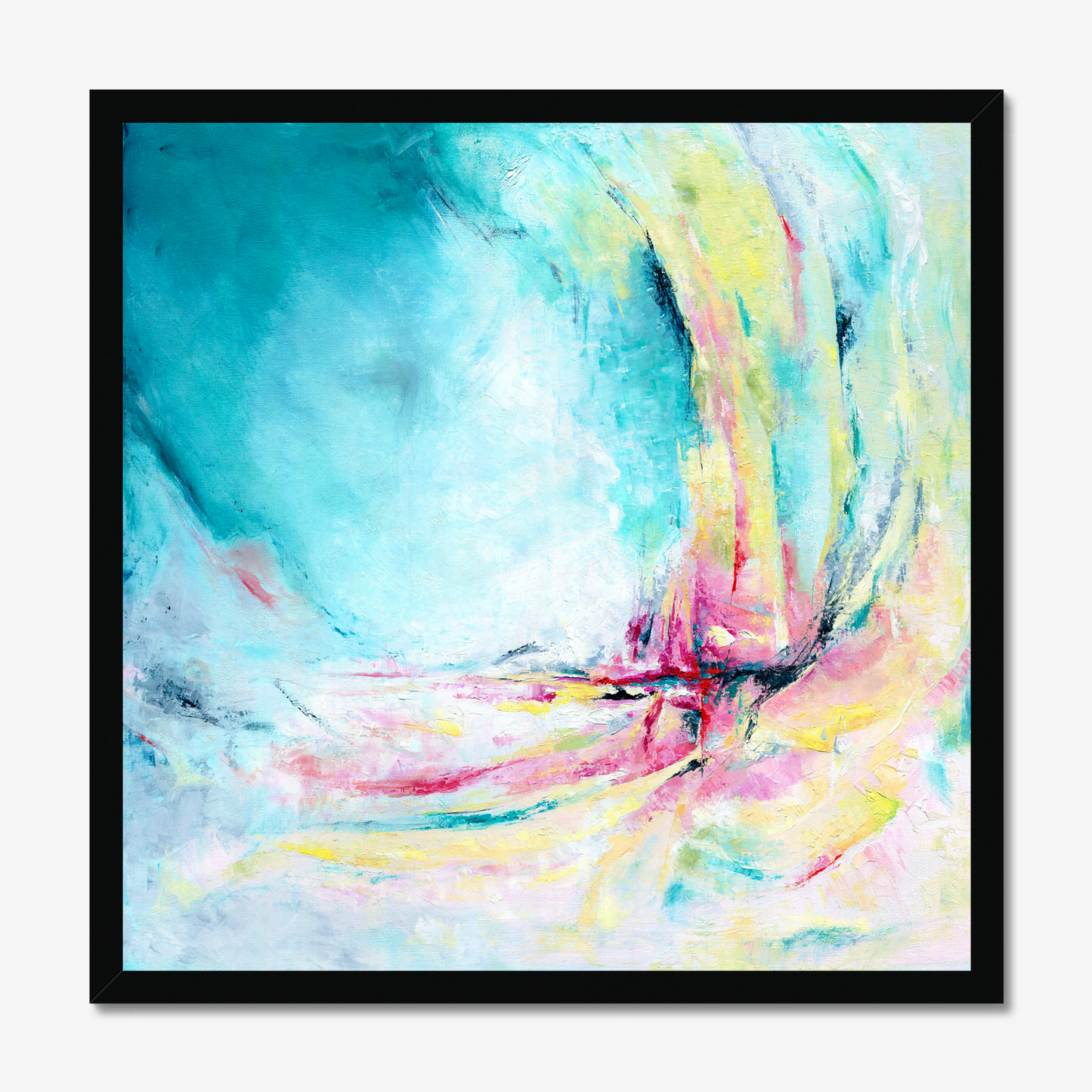 'Caribbean Blue' - Vibrant blue wall art paper print in turquoise, pink and yellow, joyful colourful abstract art for the home.