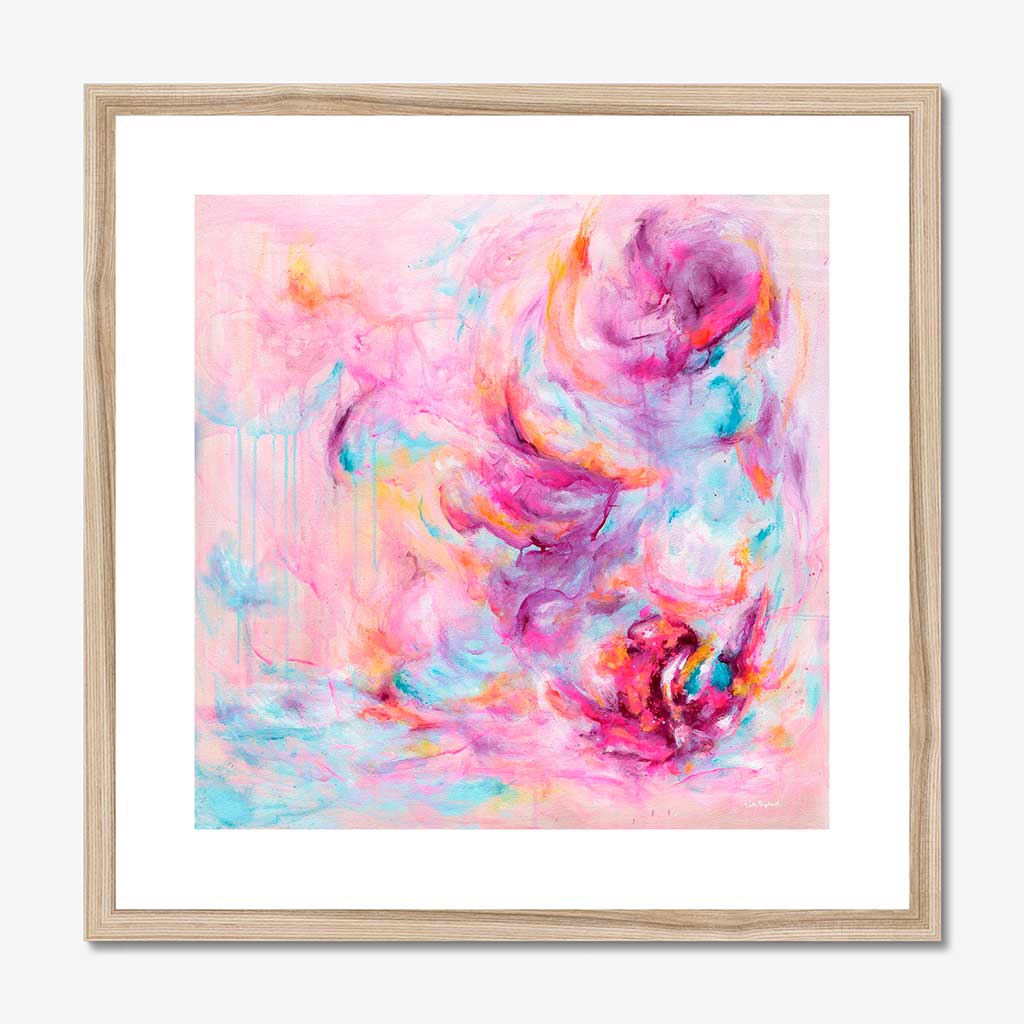 'Choose Joy' - A colourful art print in bright vivid pink and soft blue — uplifting artwork about feeling joy with real energy and movement, by Kate Shephard Art.
