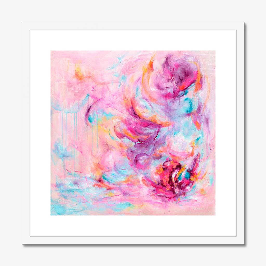 'Choose Joy' - Colourful art print in vivid pink, soft blue and luminous white with free expressive brushwork — uplifting artwork about feeling joy for soulful joyful interiors, by Kate Shephard Art.